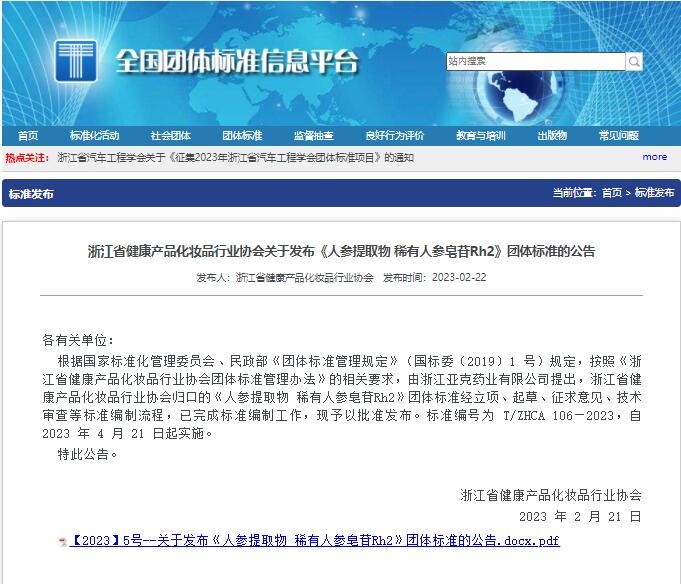 浙江亚克药业牵头制定的《人参提取物 稀有人参皂苷Rh2》团体标准获批发布